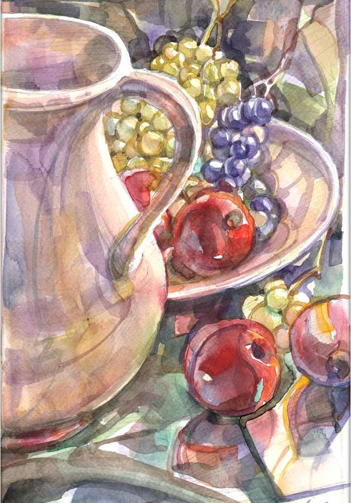 Szõlõ és alma - Csendélet - akvarell